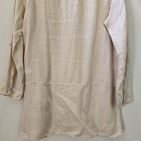 Tahari Linen sz M Button V-Neck Collared  Rollup Sleeve Boxy Loose Fit Top Tunic - Picture 14 of 14